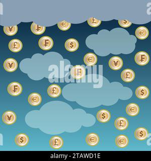 Verschiedene Münzen, die aus Wolken fallen, Geschäfts- und Finanzkonzept Stock Vektor