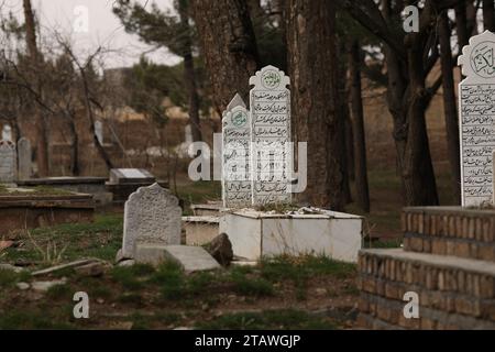 Friedhof in grüner Umgebung, mit einem arabischen Satz auf dem Grab | Foto eines islamischen Grabes. Stockfoto