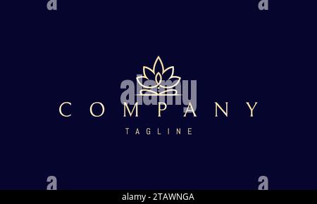 Ein goldenes Vektorlogo mit einem abstrakten Bild eines Meditators auf einem Hintergrund aus Lotusblättern. Stock Vektor