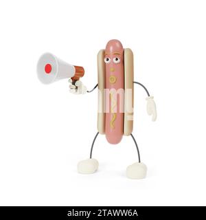 Lustige Zeichentrick-Hotdog-Figur mit einem Megaphon in der Hand. 3D-Abbildung. Stockfoto