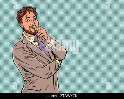 Die neue Angebotsauswahl lässt Sie darüber nachdenken, es zu kaufen. Der Mann im Anzug dachte. Beratung mit einem Spezialisten in einem Bereich, der Ihnen unbekannt ist. Pop-Ar Stock Vektor