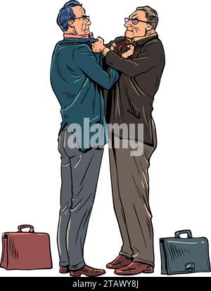 Gesellschaftlicher Konflikt zwischen Menschen. Zwei feste Mitarbeiter halten sich gegenseitig physisch zurück. Psychologischer Druck und Gewalt am Arbeitsplatz unter Wettbewerbern. Stock Vektor