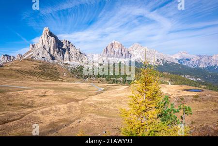 Majestätischer Blick auf eine Almwiese in den Dolomiten Stockfoto