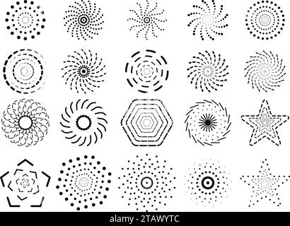 Rasterpunkte Kollektion wunderschöner Farbverlauf Halbton für Blac Stars, Kreise, Rechtecke in Spiralform. Vektor-Hintergrund-Vorlage-Dekoration Stock Vektor