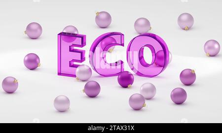 Luxuriöse violette Glasbeschriftung ECO auf grauem Podium, sanftes Licht, Vorderansicht glatter Hintergrund, 3D-Rendering Stockfoto