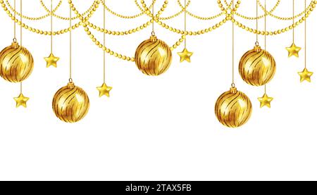 Aquarellillustration von Weihnachtsbaumspielzeug mit glänzenden Goldkugeln, Girlanden aus goldenen Glitzerperlen, goldenen Hochglanzsternen, Rahmen mit Weihnachtsdekora Stockfoto