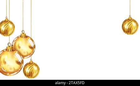 Aquarellillustration von Weihnachtsbaumspielzeug mit glänzenden Goldkugeln, goldenen Glitzerkugeln, Rahmen mit Weihnachtsdekoration isoliert auf weißem Hintergrund Stockfoto