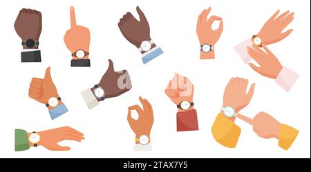 Armbanduhren-Set, Armbanduhr mit Armband an männlichen und weiblichen Armen von Menschen Stock Vektor