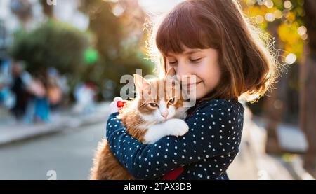 Porträt eines niedlichen Kindes, das ein Kätzchen in der Nähe umarmt." Kinder und Kätzchen, ein Match, das im Himmel gemacht wurde. Stockfoto