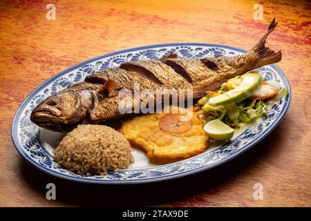 Gebratene Sardellen, serviert mit Patacon, Kokosreis und Gemüsesalat Stockfoto