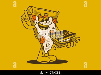 Maskottchencharakter einer Pizza mit einer Box Pizza Stock Vektor