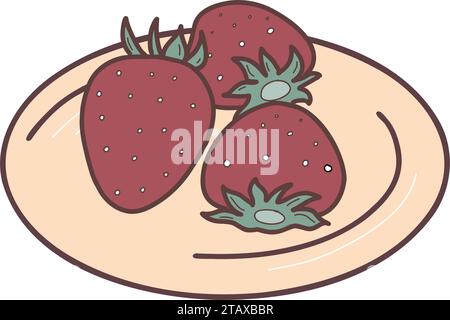 Erdbeeren auf dem Teller von oben und von der Seite. Garten Beeren Vektor flache Hand gezeichnete Illustration isoliert auf weißem Hintergrund. Stock Vektor