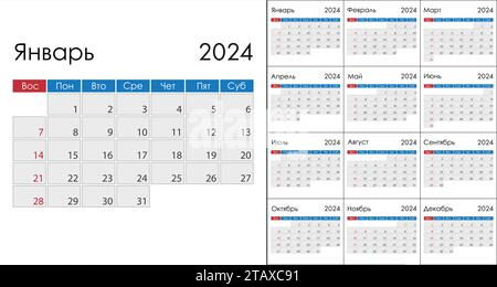 Kalender 2024 auf russischer Sprache, Wochenbeginn am Sonntag. Vektorvorlage Stock Vektor