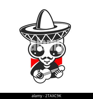 Niedliches Alien-Zeichentrick, das mexikanische Gitarre spielt. Vektorillustration für Maskottchen-Logo oder Aufkleber Stock Vektor
