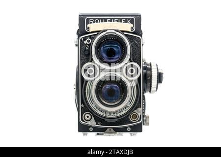 Rolleiflex Synchro-Compur Franke & Heidecke Kamera mit Carl Zeiss Planar Objektiven Made in Germany. Stockfoto
