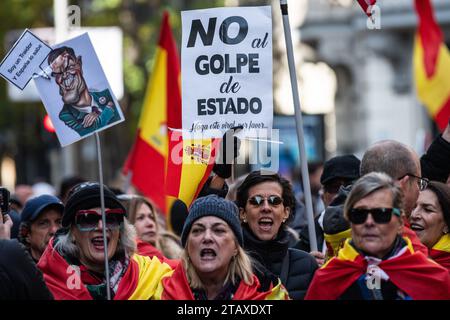 Madrid, Spanien. Dezember 2023. Menschen, die in der Nähe des PSOE-Hauptquartiers gegen die Amnestievereinbarung protestieren, die von der Regierung der sozialistischen Partei PSOE für Menschen vorgeschlagen wurde, die an dem gescheiterten Unabhängigkeitsantrag Kataloniens im Jahr 2017 beteiligt waren. Quelle: Marcos del Mazo/Alamy Live News Stockfoto