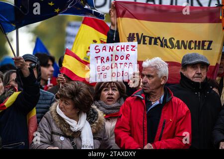 Madrid, Spanien. Dezember 2023. Menschen, die in der Nähe des PSOE-Hauptquartiers gegen die Amnestievereinbarung protestieren, die von der Regierung der sozialistischen Partei PSOE für Menschen vorgeschlagen wurde, die an dem gescheiterten Unabhängigkeitsantrag Kataloniens im Jahr 2017 beteiligt waren. Quelle: Marcos del Mazo/Alamy Live News Stockfoto