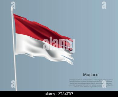Zerlumpte Nationalflagge von Monaco. Gewellter, zerrissener Stoff auf blauem Hintergrund. Realistische Vektordarstellung Stock Vektor