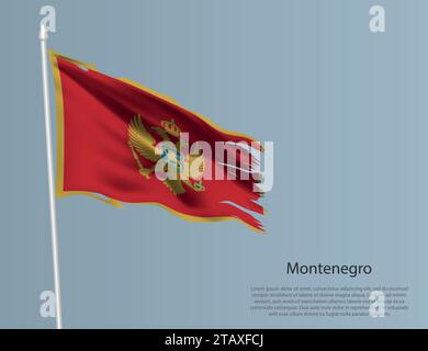 Zerlumpte Nationalflagge Montenegros. Gewellter, zerrissener Stoff auf blauem Hintergrund. Realistische Vektordarstellung Stock Vektor