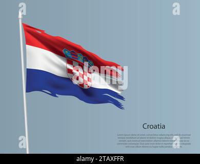 Zerlumpte Nationalflagge Kroatiens. Gewellter, zerrissener Stoff auf blauem Hintergrund. Realistische Vektordarstellung Stock Vektor