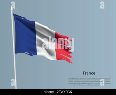 Zerlumpte Nationalflagge von Frankreich. Gewellter, zerrissener Stoff auf blauem Hintergrund. Realistische Vektordarstellung Stock Vektor