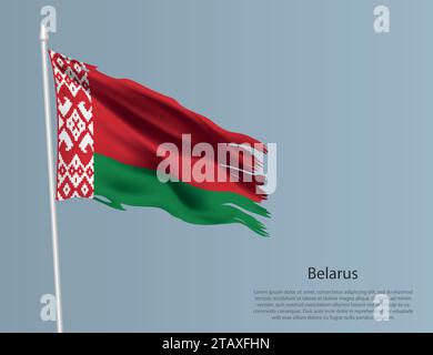 Zerlumpte Nationalflagge von Belarus. Gewellter, zerrissener Stoff auf blauem Hintergrund. Realistische Vektordarstellung Stock Vektor