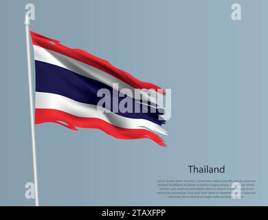 Zerlumpte Nationalflagge Thailands. Gewellter, zerrissener Stoff auf blauem Hintergrund. Realistische Vektordarstellung Stock Vektor