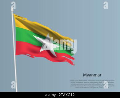 Zerlumpte Nationalflagge von Myanmar. Gewellter, zerrissener Stoff auf blauem Hintergrund. Realistische Vektordarstellung Stock Vektor