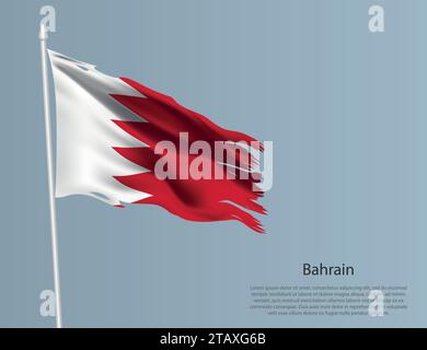 Zerlumpte Nationalflagge von Bahrain. Gewellter, zerrissener Stoff auf blauem Hintergrund. Realistische Vektordarstellung Stock Vektor