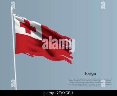 Zerlumpte Nationalflagge Tonga. Gewellter, zerrissener Stoff auf blauem Hintergrund. Realistische Vektordarstellung Stock Vektor