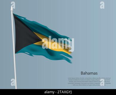 Zerlumpte Nationalflagge der Bahamas. Gewellter, zerrissener Stoff auf blauem Hintergrund. Realistische Vektordarstellung Stock Vektor