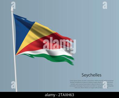 Zerlumpte Nationalflagge der Seychellen. Gewellter, zerrissener Stoff auf blauem Hintergrund. Realistische Vektordarstellung Stock Vektor