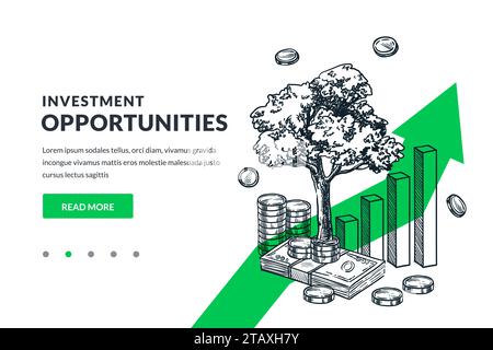 Geschäftskonzept für Investitionen, Kosteneinsparungen und Finanzwachstum. Wachsender Baum auf Münzen auf grünem Pfeil Hintergrund. Abbildung einer handgezeichneten Vektorskizze. Stock Vektor