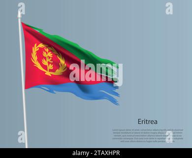 Zerlumpte Nationalflagge von Eritrea. Gewellter, zerrissener Stoff auf blauem Hintergrund. Realistische Vektordarstellung Stock Vektor