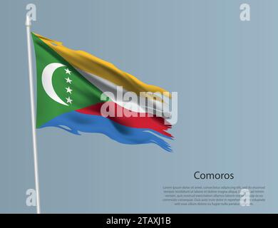 Zerlumpte Nationalflagge der Komoren. Gewellter, zerrissener Stoff auf blauem Hintergrund. Realistische Vektordarstellung Stock Vektor