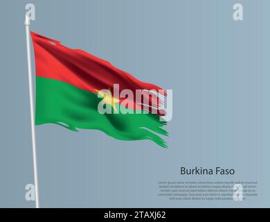 Zerlumpte Nationalflagge von Burkina Faso. Gewellter, zerrissener Stoff auf blauem Hintergrund. Realistische Vektordarstellung Stock Vektor