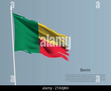 Zerlumpte Nationalflagge von Benin. Gewellter, zerrissener Stoff auf blauem Hintergrund. Realistische Vektordarstellung Stock Vektor