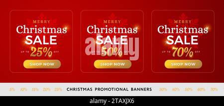 Merry Christmas Sale Werbebanner Vorlagen Set – Weihnachtsrabatte 25 % 50 % 70 % Rabatt und Button jetzt kaufen. Gold- und Rottöne - Vektor-illu Stock Vektor