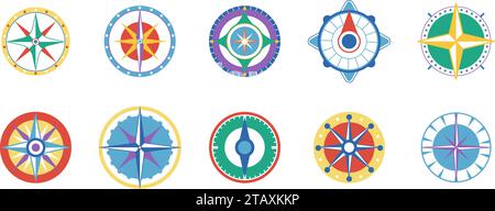 Symbole mit flachen Windrosen. Bunte Kompasskollektion, dekorative Vintage-Navigationssymbole. Marine Schiff Wegbeschreibungen Ausrüstungen anständige Vektorsatz Stock Vektor