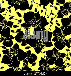 Nahtloses Muster großer schwarzer Silhouetten von Orchideen auf gelbem Hintergrund, Textur, Design Stockfoto