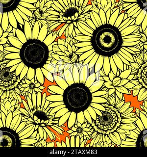 Nahtloses Muster großer gelber Blumen, sich wiederholendes Design, Textur, Hintergrund Stockfoto