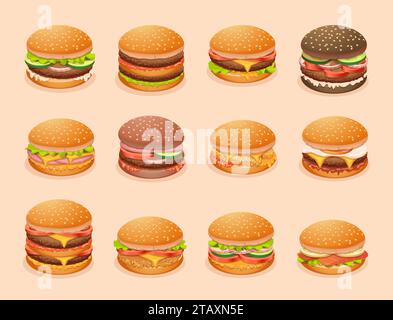 Burger. Cartoon-Fast-Food-Burger mit verschiedenen Zutaten exakte Vektor-Illustrationen Stock Vektor