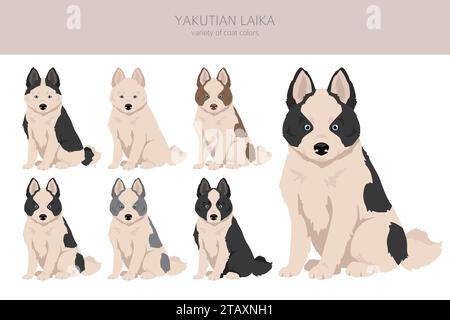 Yakutian Laika Welpen Clipart. Verschiedene Posen, Fellfarben gesetzt. Vektorabbildung Stock Vektor