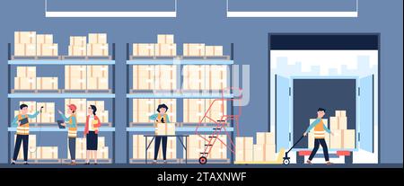 Mitarbeiter im Lager. Logistikzentrum mit Paketboxen in Regalen, Arbeiter in Uniform und Lkw. Transport- und Lieferservice, aktueller Vektor Stock Vektor