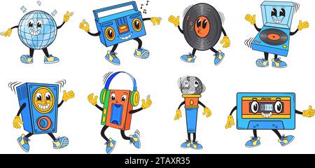 Maskottchen mit Retro-Musik. Vintage Stereo Musikgeräte Charaktere tanzen Sneaker auf Acid Party, lustige Comic Monster Disco Ball, Radio Vinyl Aufnahme dj Beatbox Vektor Illustration der Retro Disco Platte Stock Vektor