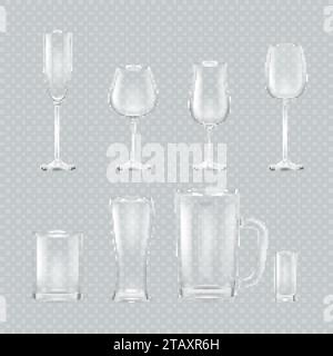 Realistische Getränkegläser. 3d leere Tassen, Glasbecher klarer Becher für Wein Bier Martini Likör Rum Champagner, Mockup transparente Gläser Alkohol Cocktail, anständige Vektor-Illustration des Glasgetränks Stock Vektor