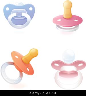 Realistischer Schnuller. Schnuller für Neugeborenes Baby, 3D Kunststoff Dummies weicher Gummi oder Silikonnippel, Neugeborene Zubehör Kleinkind Kind Kind Junge Mädchen Kleinkind, exakte Vektor-Illustration des Baby Schnullers Stock Vektor