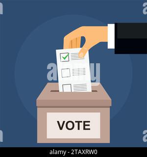 Stimmen Sie für das Wahlkonzept auf Dunkelblau. Hand legt Stimmzettel flach in die Wahlbox Stock Vektor