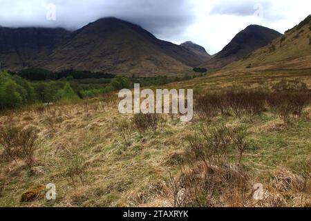 Das Tal von Glen Coe in der Highlands-Region unter milchigem Himmel und nebeligem Hintergrund (Lochaber Geopark, Schottland) Stockfoto