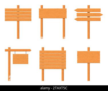 Hölzerne Schilder, isoliert auf weißem Hintergrund. Schilder und Symbole, um eine Nachricht auf der Straße oder Straße zu vermitteln, Embleme von Schildern. Bannervorlage Stock Vektor